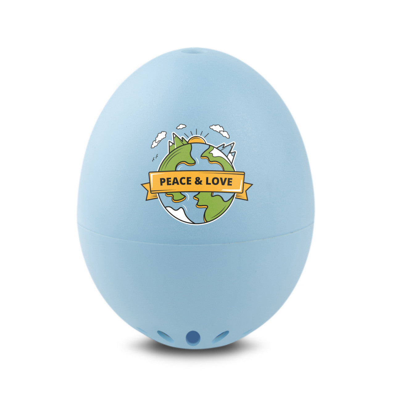 Ein blaues, eiförmiges PiepEi mit der Grafik „Peace & Love Earth“, perfekt für die richtige Zubereitung perfekt gekochter Eier.