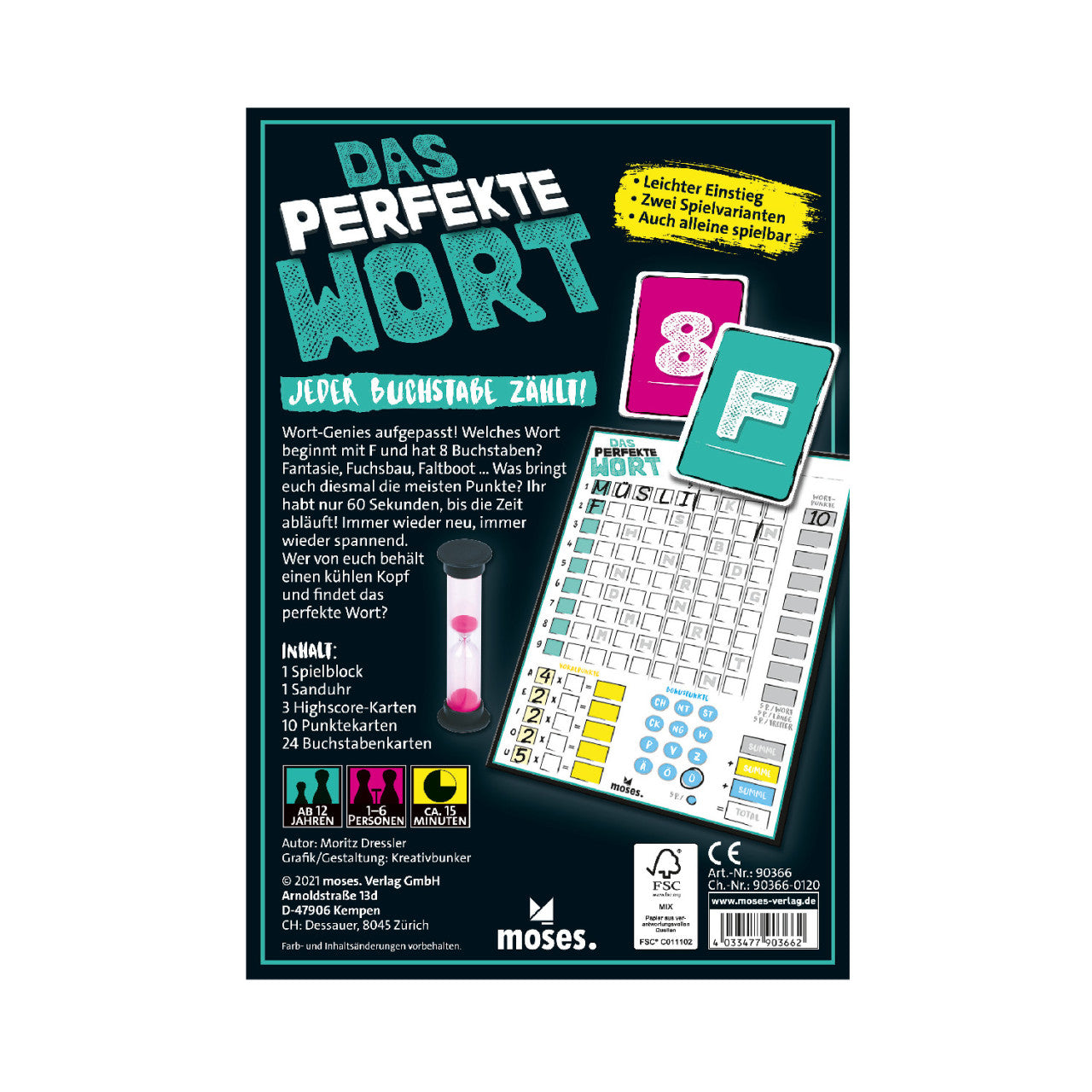Boxrückseite für das Spiel „Das Perfekte Wort“ mit Buchstabenakrobaten in diesem cleveren Wortspiel. Zeigt Komponenten, Beschreibung, Punktesystem und lebendige Spielgrafiken.