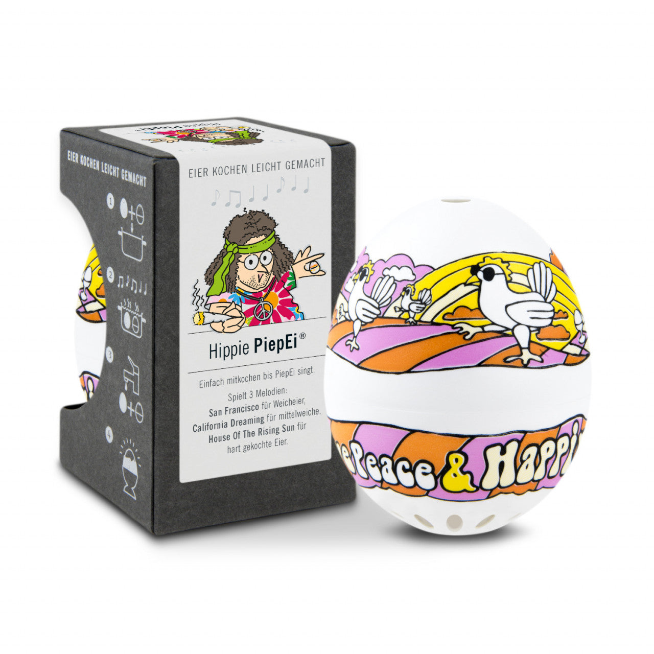 Der eiförmige Timer mit farbenfrohem Hippie-Design verwendet die PiepEi-Technologie, um perfekte Eier zu gewährleisten. Neben seiner Box wird eine Zeichentrickfigur in Retro-Kleidung angezeigt.