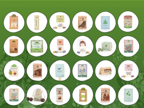 In 24 Kreisen sind 24 Packungen von Samen und Saatgut abgebildet, welche den Inhalt des Adventskalenders darstellen. 