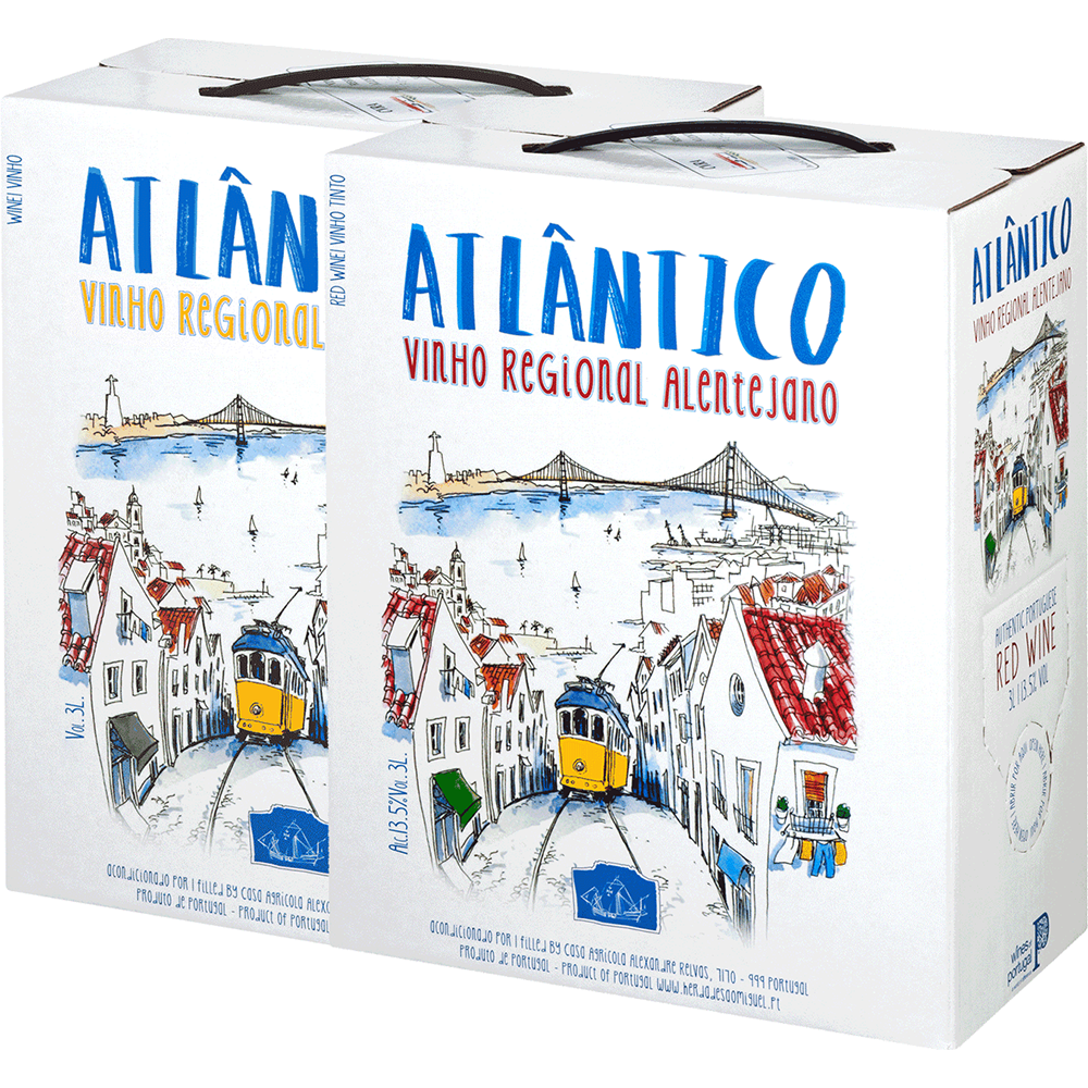 Zwei Kartons Bag-in-Box Atlântico 2x 3,0 l mit illustrierter Lissabonner Straße und gelber Straßenbahn – perfekt für den Genuss von Qualitätswein.
