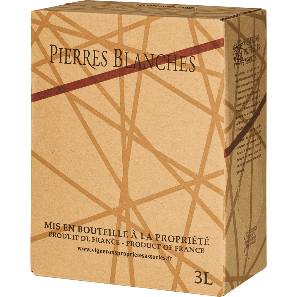 Bag-in-Box Pays du Gard Rosé 3,0 l, französischer Wein aus dem Languedoc-Roussillon von Vignerons Propriétés Associés, verfügt über ein abstraktes Liniendesign und französischen Text auf der Verpackung.