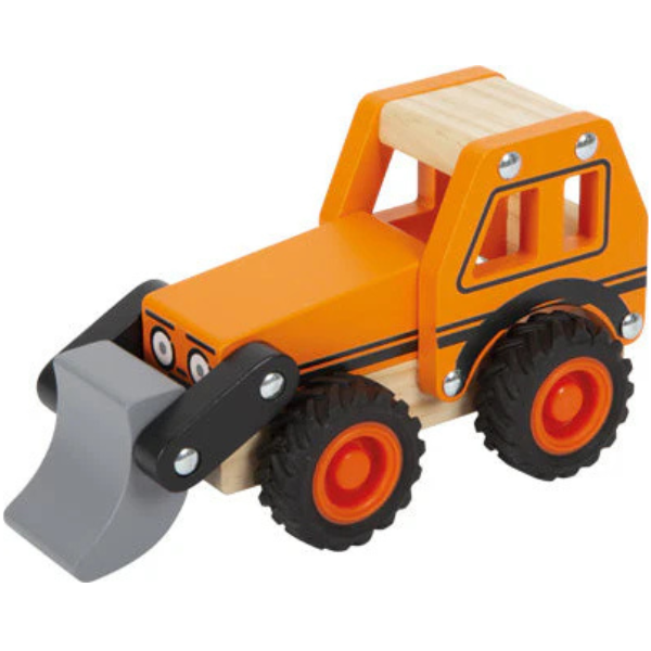Orangefarbener Bagger-Bulldozer zum Spielzeug mit schwarzen Rädern und grauer Schaufel, aus Holz und Kunststoff, perfekt für fantasievolles Spielen im Kinderzimmer.