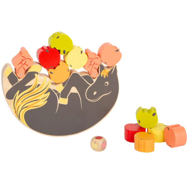Buntes Balancierspiel Holz: Dieses hölzerne Balancierspiel besteht aus einem Pferd und lebendigen Tier- und Obststücken zum Stapeln. Ein lustiges Geschicklichkeitsspiel für Kinder – perfekt für Pferde-Fans, die koordinative Fähigkeiten entwickeln und spielen möchten!.