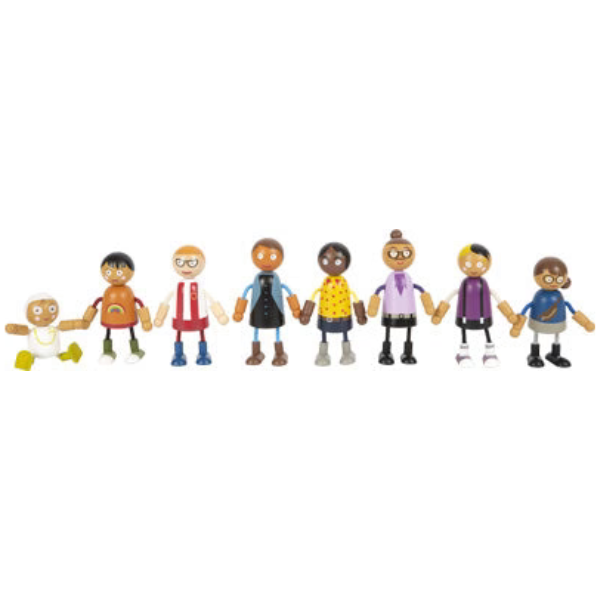 Acht unterschiedliche Biegepuppen-Spielfiguren, darunter ein Baby, stehen Hand in Hand wie eine Patchwork-Familie in einer Reihe vor weißem Hintergrund.