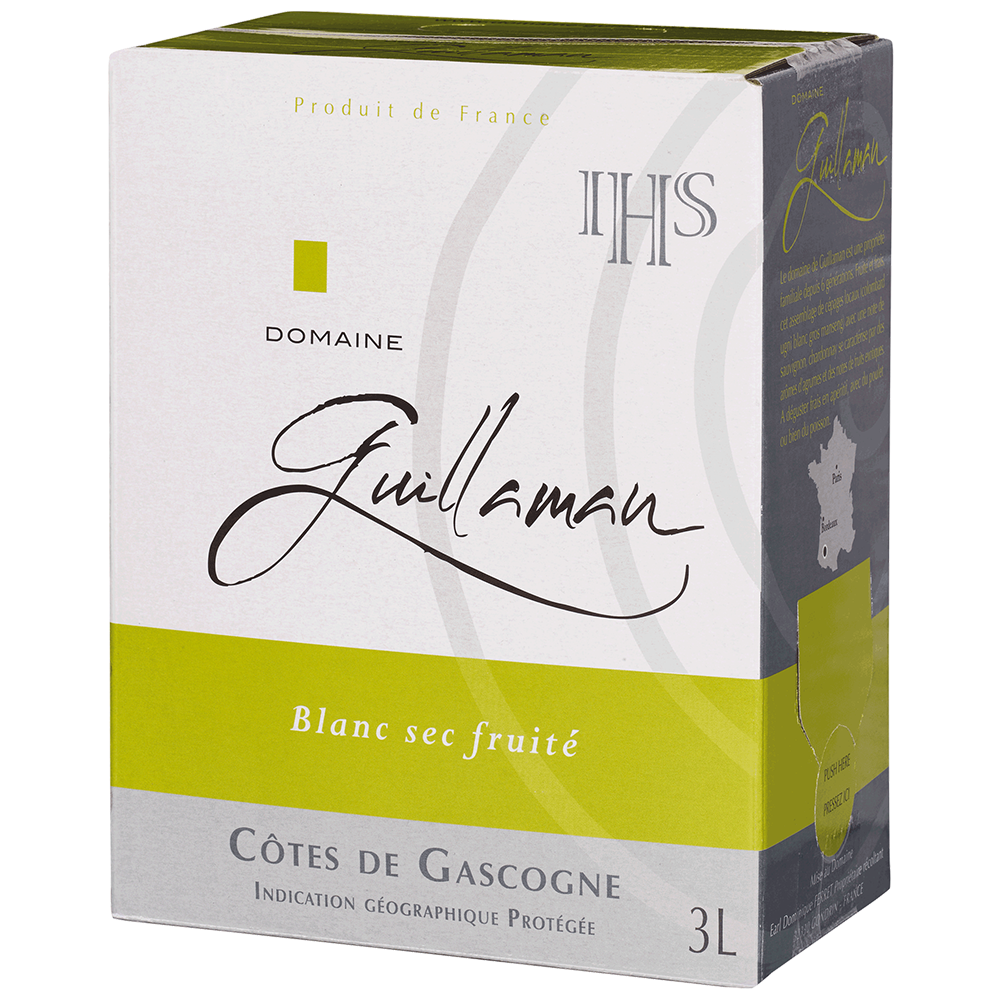Ein 3-Liter-Bag-in-Box COL Ugni Blanc-Weißwein von Guillaman, hergestellt aus Ugni Blanc-Trauben.