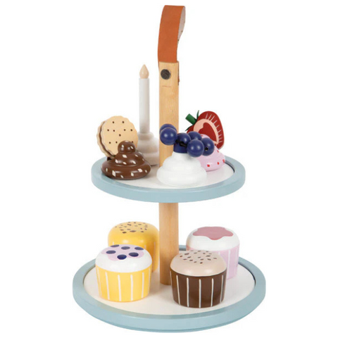 Bezaubernde zweistöckige Etagere für die Kinderküche mit Präsentation von Cupcakes, Keksen und Obstleckereien aus Holz.