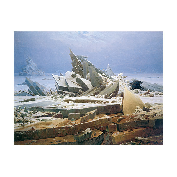 Schroffe Eisberge und schneebedeckte Felsen, die über eine gefrorene, öde arktische Landschaft verstreut sind.