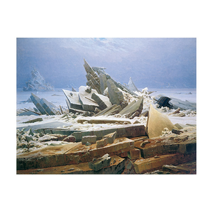 Schroffe Eisberge und schneebedeckte Felsen, die über eine gefrorene, öde arktische Landschaft verstreut sind.