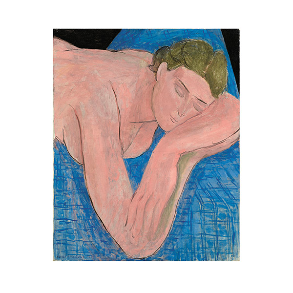 Gemälde einer Frau mit geschlossenen Augen, die vor einem blauen Hintergrund in entspannter Pose auf ihren Armen ruht – es ruft die heitere Essenz von „Der Traum“ hervor.