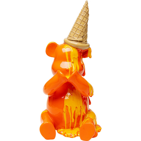 Feelgood-Manager Orangener Bär als Deko-Objekt: Statue mit gelben Tropfen, verdecktem Gesicht und einem Kopfüber Polyresin lackierten Eis auf dem Kopf.