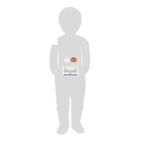 Silhouette eines Kindes, das ein Stieleis, Gegenstände sowie zwei kleine Gläser hält – ideal zum kreativen Spielen in der Kinderküche oder zum Anrichten von Leckereien auf einem Eisständer.