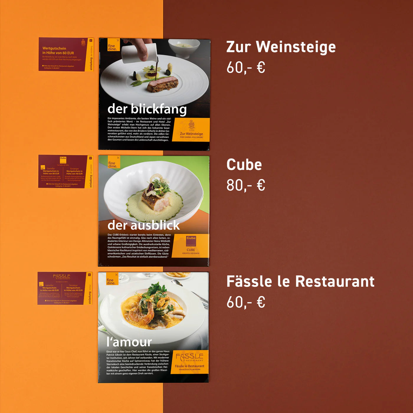 Fine Dine Box Stuttgart 2026: drei Gourmetgerichte mit Namen und Preisangabe.