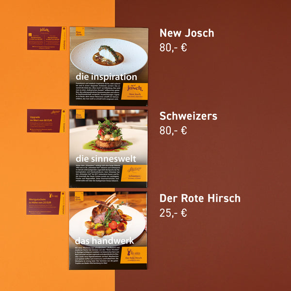 Gutscheinabbildungen der teilnehmenden Restaurants New Josch (80 Euro Gutschein), Schweizers (80 Euro Gutschein) und Der Rote Hirsch (25 Euro Gutschein)