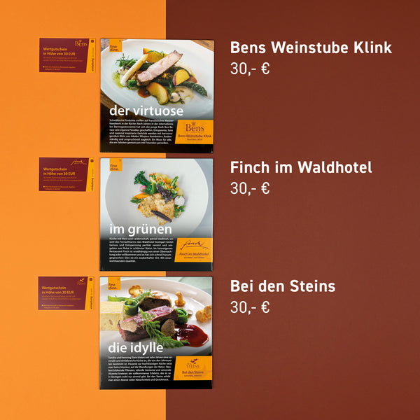 Gutscheinabbildungen der teilnehmenden Restaurants Bens Weinstube Klink (30 Euro Gutschein), Finch im Waldhotel (30 Euro Gutschein) und Bei den Steins (30 Euro Gutschein)