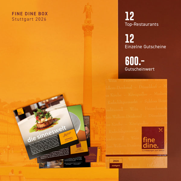 FINE DINE BOX Stuttgart - Edition 2026 enthält 12 einzelne Gutscheine für 12 Top-Restaurants im Wert von 600 Euro