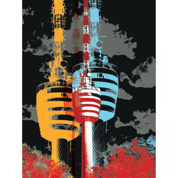 Drei Funktürme, Wolken, Bäume - Kunstdruck Fernsehturm auf schwarzem Hintergrund.