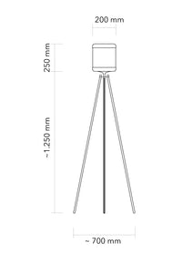 Strichzeichnung des Ambiloom® Floor 250, ein auf einem Stativ montiertes Gerät mit ambiente LED-Beleuchtung und ETTLIN LUX® Textil, beschriftet mit den Abmessungen: 200 mm breit, 250 mm hoch, 1250 mm hoch und 700 mm breit.