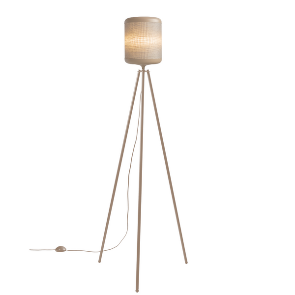 Hohe Ambiloom® Floor 250-Leuchte mit zylindrischem ETTLIN LUX®-Textilschirm auf drei schlanken Beinen, inklusive ambienter LED-Beleuchtung, Netzkabel und Bodenschalter.