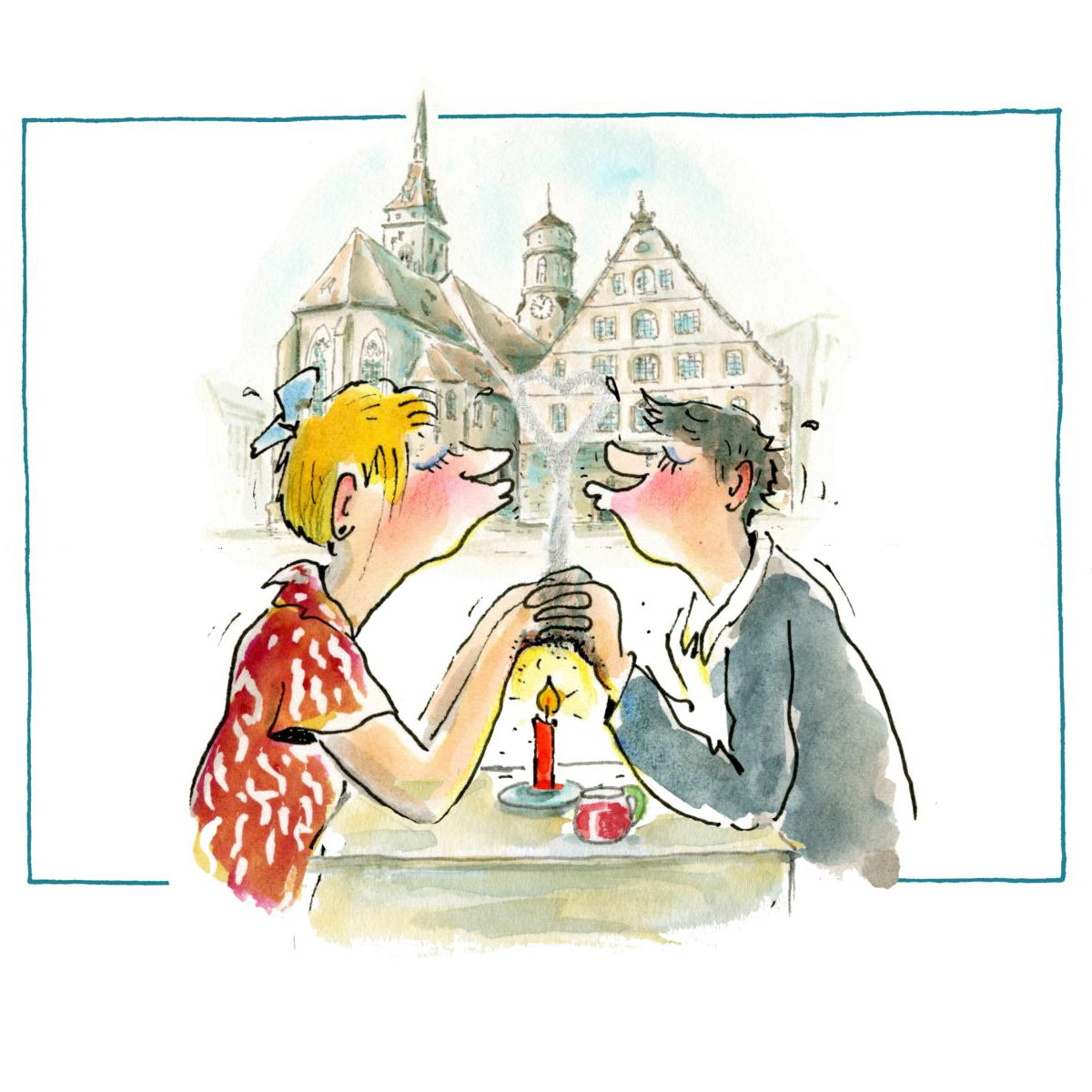 Ein Paar lächelt bei Kerzenlicht mit einem Auf gut Schwäbisch Kunstdruck - Verliebt.