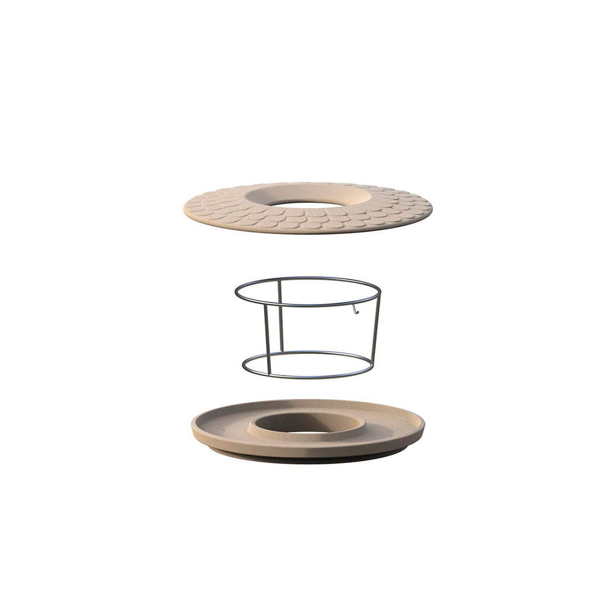 Ein modernes  rundes Vogelhaus aus Metall mit spitzem Dach  in dem mehrere kleine Vögel sitzen  hängt im Freien.
