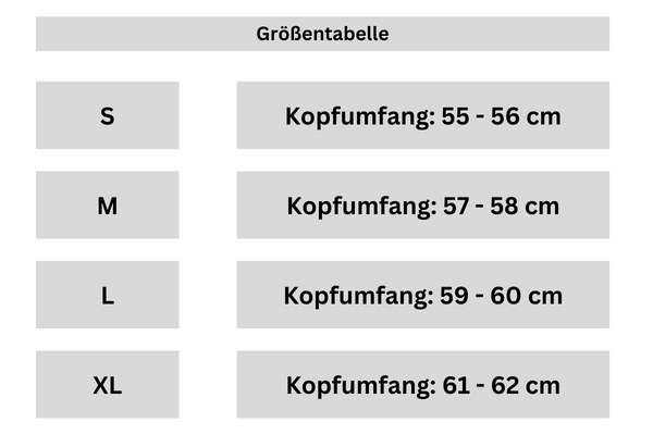 Größentabelle auf Deutsch für Filzhut und Borsalino Hüte aus Wollfilz, zeigt Kopfumfang von S bis XL (55–62 cm).