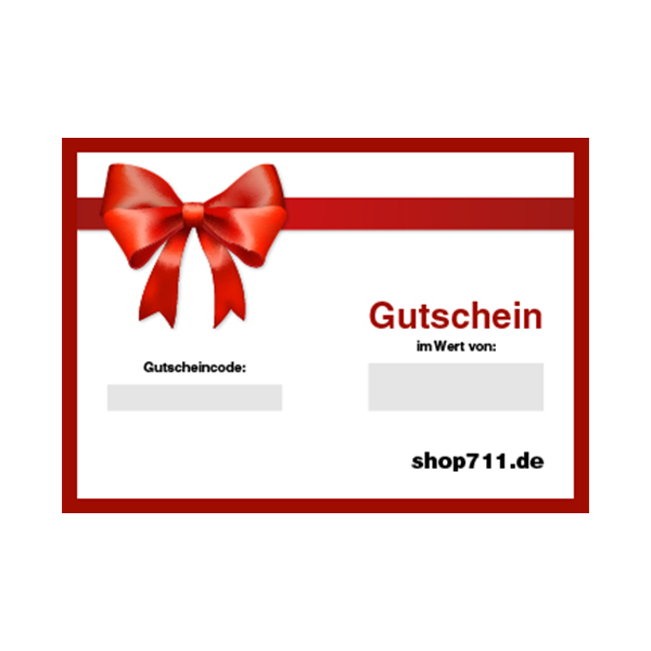 Rote Schleife auf weißer Geschenkgutscheinkarte mit der Aufschrift "Gutschein" und Feldern für Gutscheincode und Wert, unten rechts die Aufschrift shop711.de