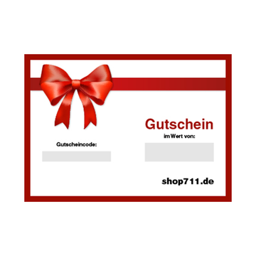 Rote Schleife auf weißer Geschenkgutscheinkarte mit der Aufschrift "Gutschein" und Feldern für Gutscheincode und Wert, unten rechts die Aufschrift shop711.de