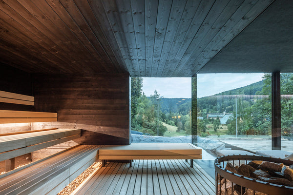 Eine Saune mit großen Fenstern in einer Berglandschaft. 