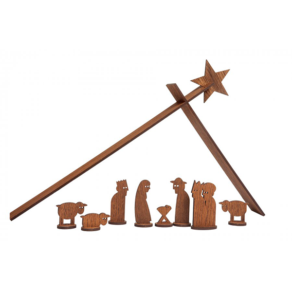 Minimalistische HOLZKRIPPE SIMPLY CHRISTMAS Weihnachtskrippe in elegantem Eichenfurnier, mit Figuren und einem großen Stern auf zwei schrägen Holzbalken für eine moderne, festliche Note.