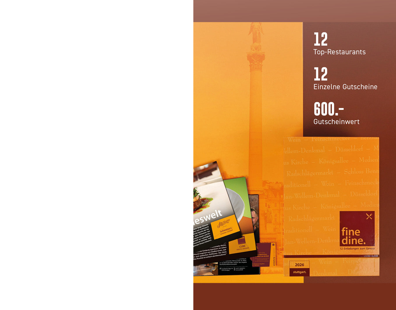 Werbemotiv „FINE DINE“ 2026: Orange-braunes Design mit Stadtmotiv und Restaurantkarten; Textangaben „12 Top-Restaurants“, „12 einzelne Gutscheine“ und „600 € Gutscheinwert“.