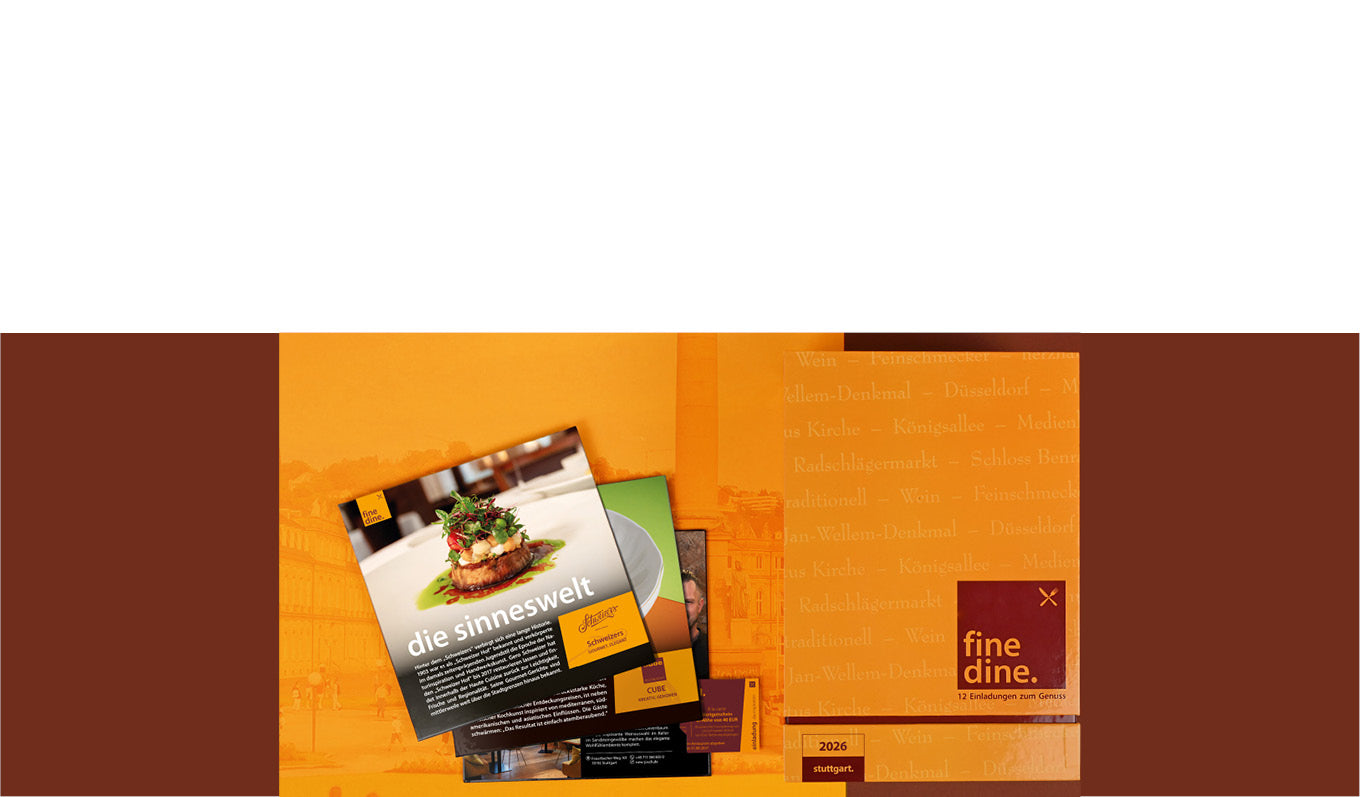 Werbemotiv „FINE DINE“ 2026: Orange-braunes Design mit Stadtmotiv und Restaurantkarten; Textangaben „12 Top-Restaurants“, „12 einzelne Gutscheine“ und „600 € Gutscheinwert“.