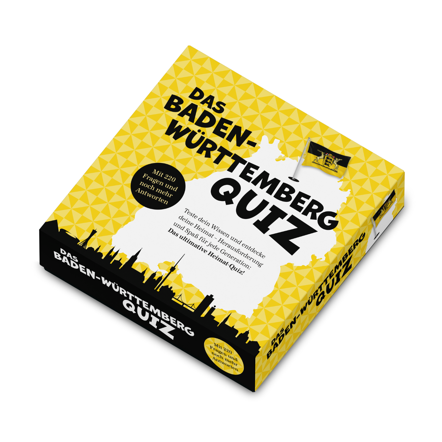 Die gelb-schwarze Box „Das Baden-Württemberg Quiz“ zeigt eine regionale Karte und Flagge – ideal für Fans von Heimat-Quiz-Spielen.