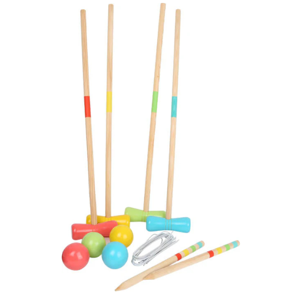 Buntes Krocket-Spiel aus Holz mit Schlägern, Bällen, Reifen und Pfählen auf weißem Hintergrund – gefertigt aus FSC-zertifiziertem Holz für umweltfreundlichen Spaß im Freien.