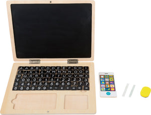 Holzspielzeug: Holz-Laptop mit schwarzer Tastatur, Magnettafel, Bildschirm, Spiel-Smartphone, Kreidestiften und Radiergummi – ideal für kreatives Lernspiel.