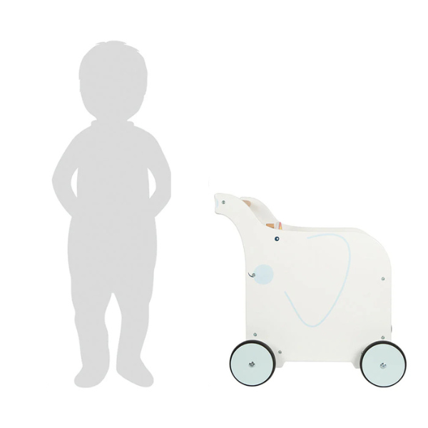 Ein weißer Lauflernwagen in Elefantenform mit gummierten Rädern steht neben einer Kindersilhouette.