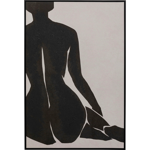 Minimalistische Kunst einer sitzenden nackten Figur in schwarzer Silhouette vor einem hellen Hintergrund. Dieses Leinwandbild Nude Lady fängt zeitlose Schönheit ein – perfekt für moderne Wohnbereiche.