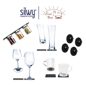 Magnetische Gläser, Becher und Gewürzdosen in nachhaltiger Spitzenqualität mit Metalluntersetzern; Kristallgläser, Wandhalterungen und Logos oben abgebildet.