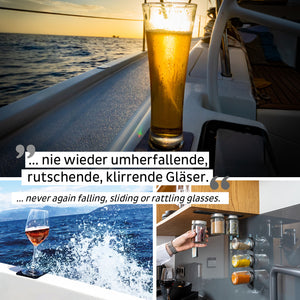 Ein Bierglas auf einem Boot, ein Weinglas neben spritzendem Wasser und eine Hand, die Kristallgläser oder Porzellanbecher von nachhaltiger Spitzenqualität auf ein Küchenregal stellt.