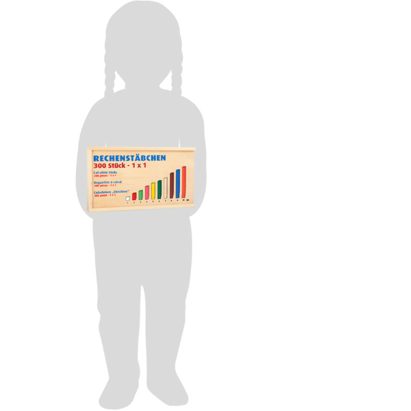 Die Silhouette eines Kindes, das eine Schachtel Rechenstäbchen hält,  die die Bedeutung des Zahlenverständnisses unterstreicht.