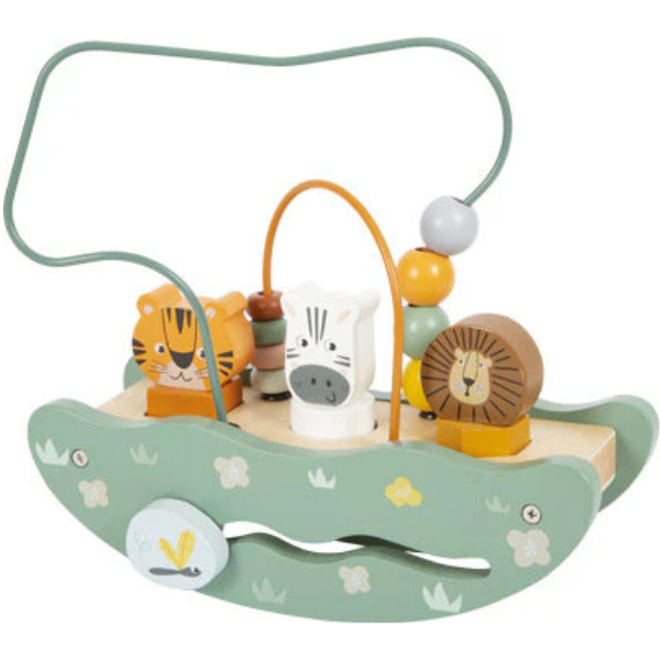Motorikspielzeug aus Holz mit einem Perlenlabyrinth und Tierfiguren, darunter ein Tiger, ein Zebra und ein Löwe, auf grünem Sockel – perfekt für die Entwicklung feinmotorischer Fähigkeiten.
