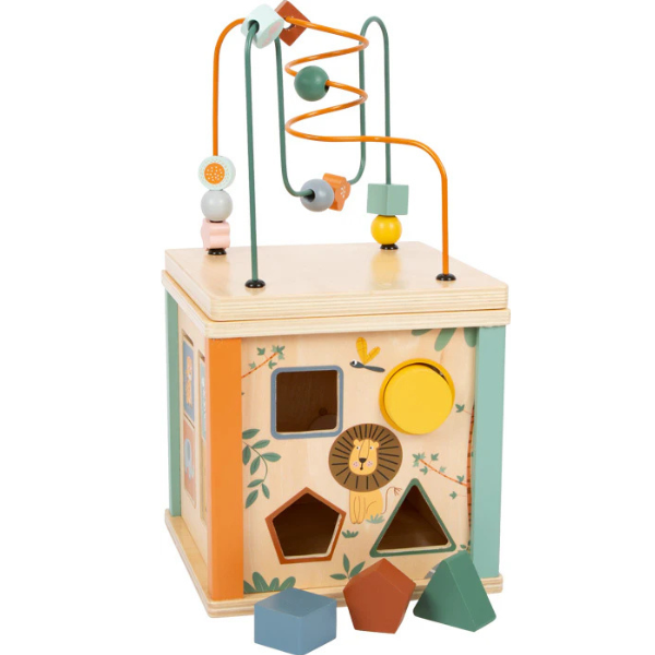 Motorikwürfel aus Holz mit Motorikschleife und verschieden geformten Blöcken zum Sortieren; mit Tier- und Naturmotiven, darunter lustige Safari-Tiere, zur Unterstützung der Feinmotorik-Entwicklung.