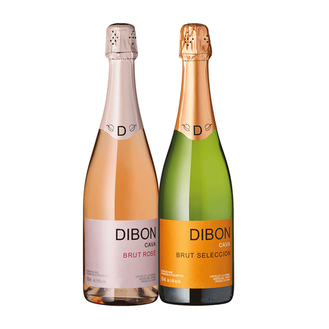 Zwei Flaschen Prickelndes Vergnügen: ein Brut Rosé mit rosa Etikett und ein Brut Seleccion mit orangefarbenem Etikett, beide aus Penedes.