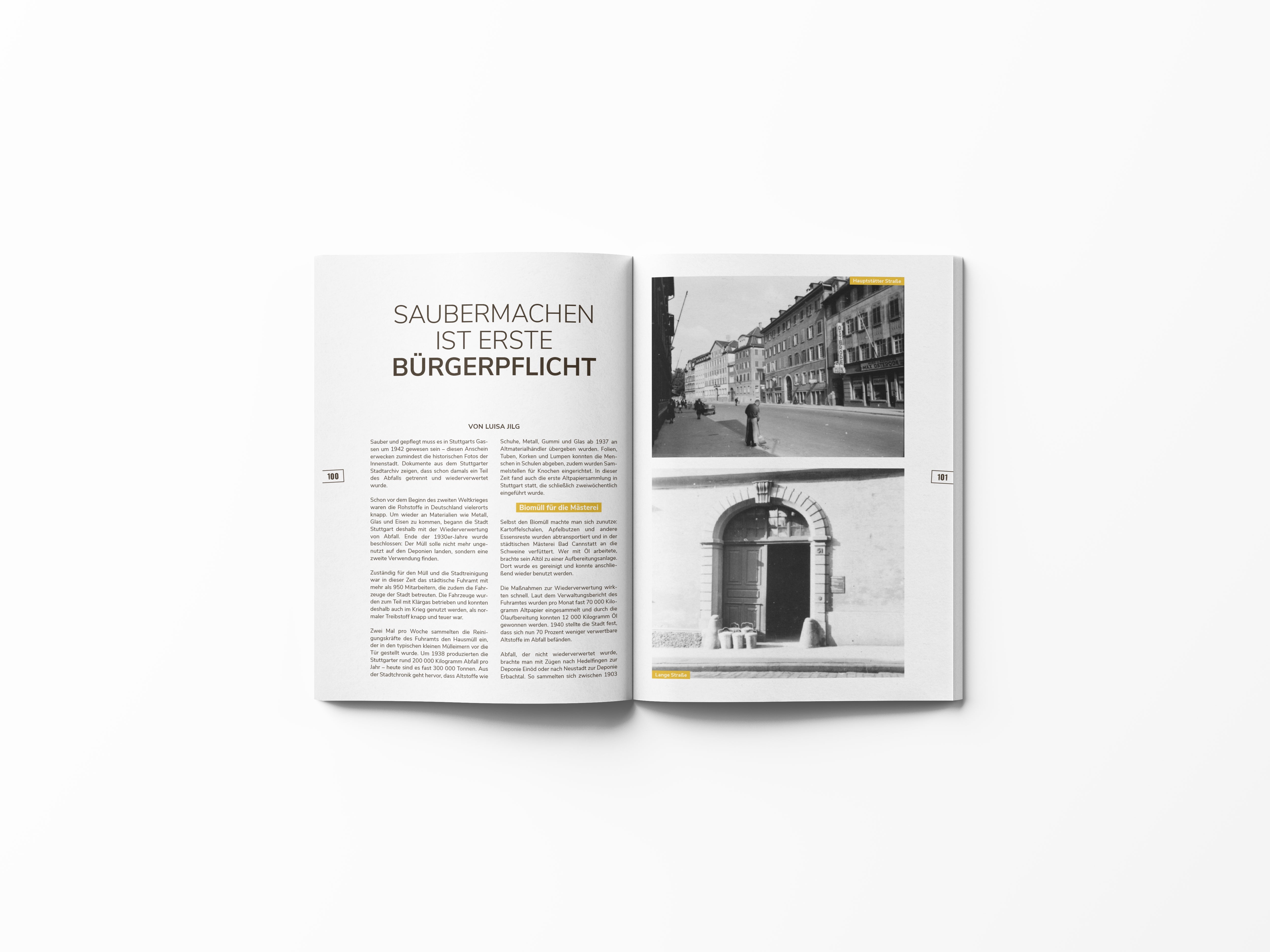Aufgeschlagenes Magazin mit deutschem Text und zwei Schwarz-Weiß-Stadtfotos auf der rechten Seite, mit historischen Bildern aus Stuttgart 1942, wie sie in der Stuttgarter Zeitung und den Stuttgarter Nachrichten zu sehen waren.