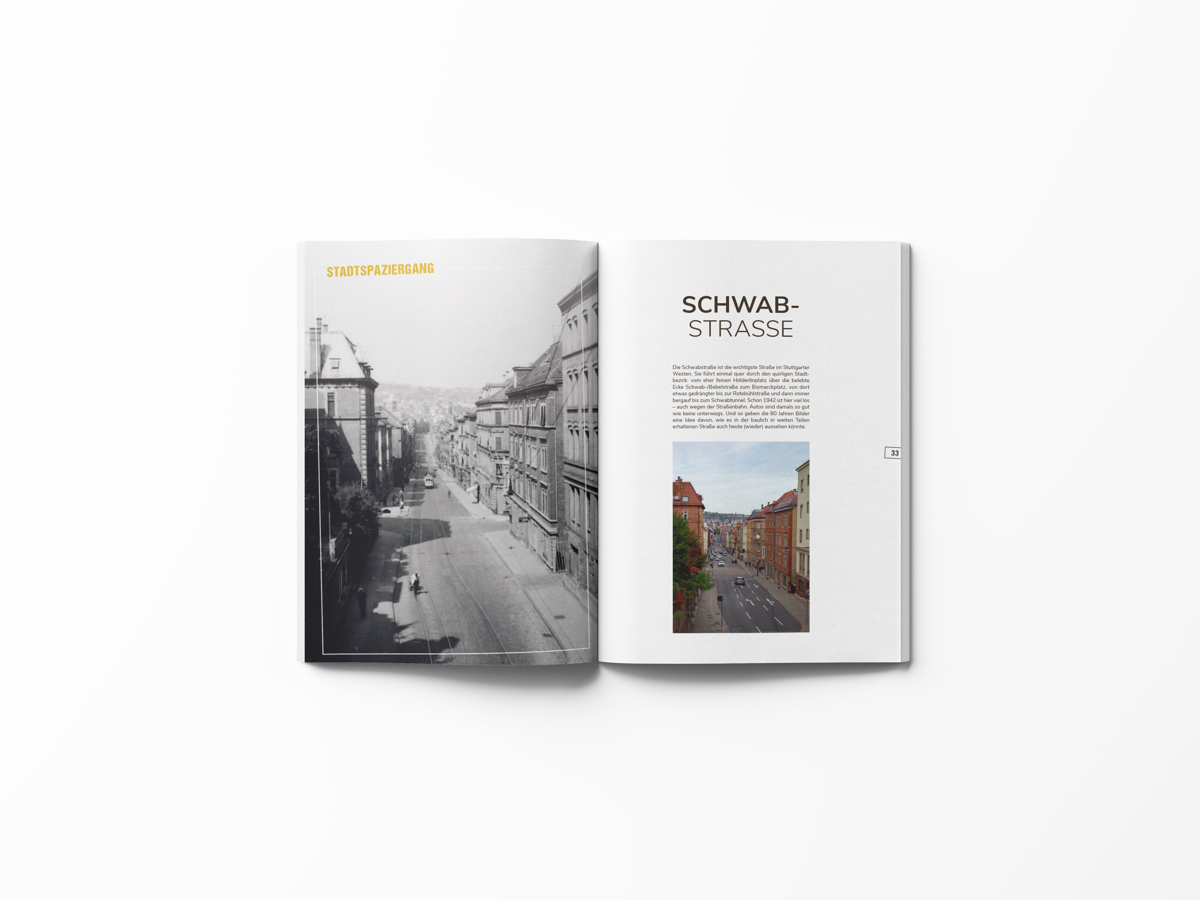 Offenes Buch mit historischen Schwarzweiß- und modernen Farbfotos der Schwabstraße in Stuttgart, darunter Szenen aus Stuttgart 1942.