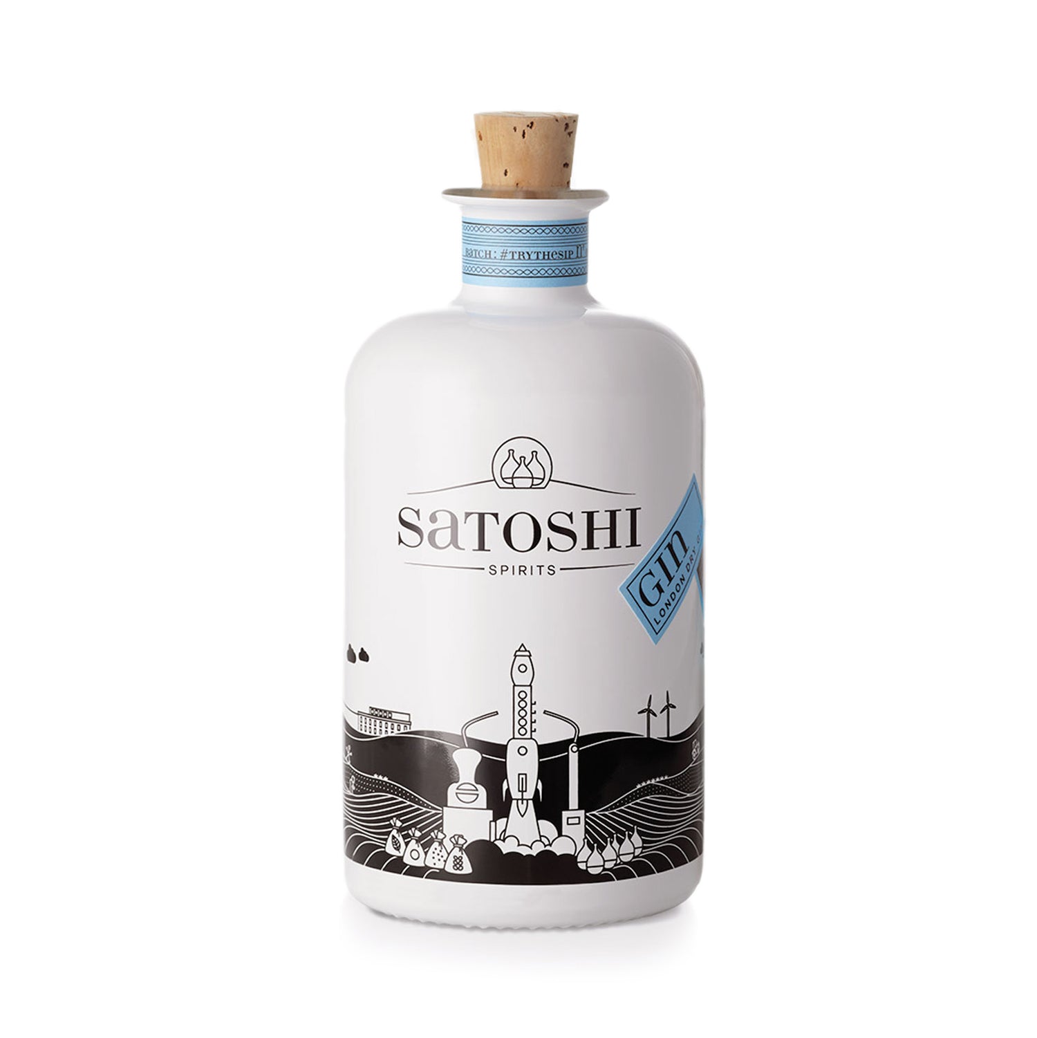 Weiße Flasche Satoshi Spirits London Dry Gin mit Korkverschluss und einer schwarzen Raketenillustration auf dem Etikett, mit Noten von sizilianischer Blutorange und toskanischem Wacholder.