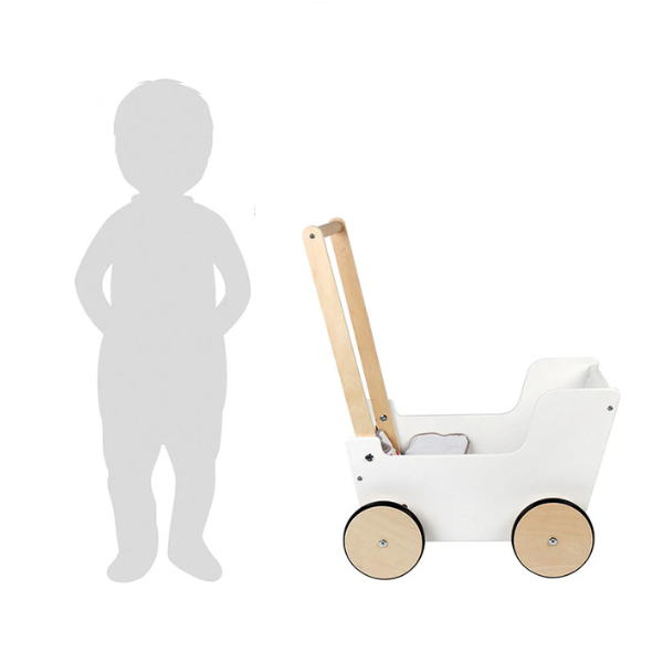 Weißer Puppenwagen mit skandinavischem Design, abgebildet neben der Silhouette eines  Kindes.