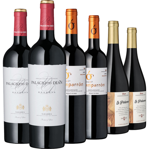 Sechs Flaschen Rotwein „Spanien zum Genießen“, darunter Tempranillo und Garnacha aus Rioja, sind in einer Reihe vor weißem Hintergrund angeordnet und tragen jeweils ein individuelles Etikett.