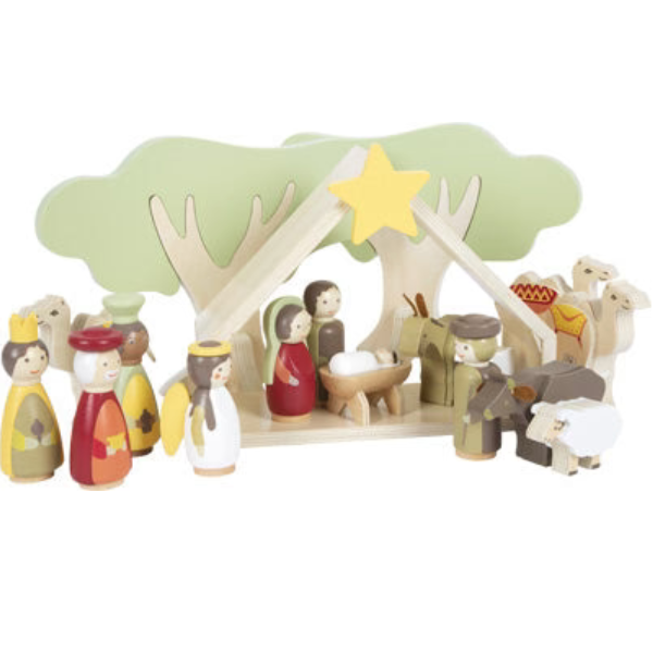 Weihnachtskrippen-Komplettset aus Holz mit Figuren von Maria, Josef, Jesuskind, Weisen, Tieren und einem Stern darüber – perfekt als bezauberndes Holzspielzeug oder festliche Weihnachtsdekoration.