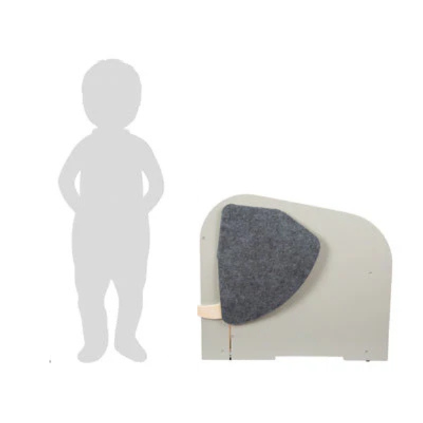 Seitenansicht eines multifunktionalen Hockers in Kindergröße in Elefantenform neben einer Kindersilhouette – perfekt als Spielzeugbox oder spielerische Aufbewahrungslösung.